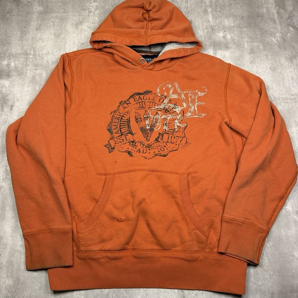 VTG American Eagle Outfitters Mens L Tall Orange Y2K Skater Hoodie Distressed
